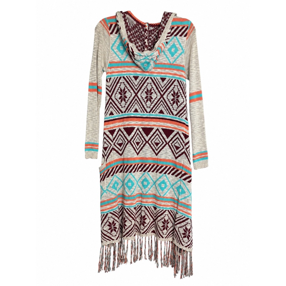 Demanding Womens M Aztec Cardigan Duster Hooded Fringe Southwestern Boho - Picture 2 of 11